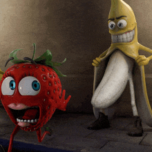 a strawberry and a banana are standing next to each other on the sidewalk