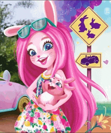 a girl with pink hair is holding a rabbit in front of a sign that says rabbit crossing