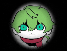 a drawing of a boy with green hair and blue eyes