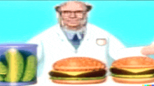 a man in a lab coat is standing in front of three hamburgers