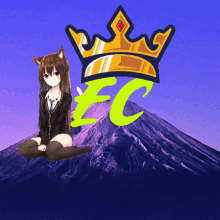 a girl with cat ears sits in front of a mountain with a crown and the letter c