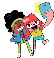 a cartoon drawing of two girls taking a selfie