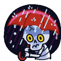 a skeleton holding an umbrella in the rain