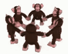 a group of stuffed monkeys are holding hands and dancing in a circle .