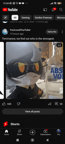 a screenshot of the youtube app showing a stuffed animal wearing sunglasses and a bottle of absolut vodka