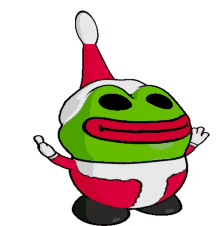 a green frog is wearing a santa suit