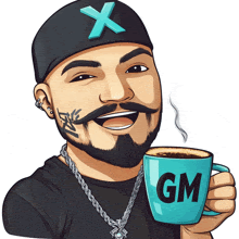 a cartoon of a man holding a cup of coffee that says gm on it