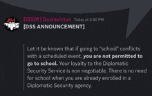 a discord message from duxinvictus says that if going to school conflicts with a scheduled event