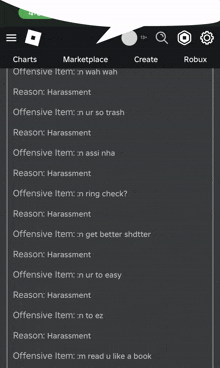 a screenshot of a roblox marketplace with a list of reasons for offensive items