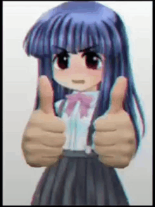 a cartoon girl with purple hair is giving a thumbs up .