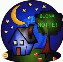 a cartoon of a house sleeping under a crescent moon with the words buona notte