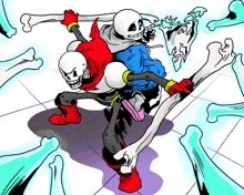 a cartoon drawing of two skeletons fighting with their arms outstretched