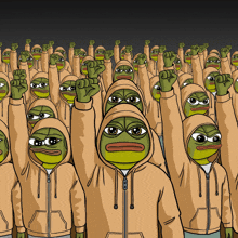 a group of frogs wearing hoodies are raising their fists