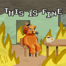 a pixel art of a cat sitting at a table with the words this is fine