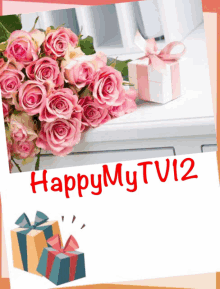 a bouquet of pink roses sits on a table next to a happymytv12 sign