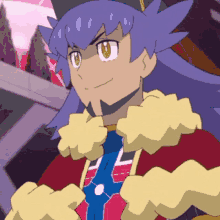 a cartoon character with purple hair and yellow eyes is smiling