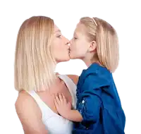 a woman and a little girl kissing on the nose