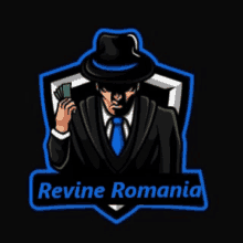 a logo for revine romania with a man in a suit and tie holding money .