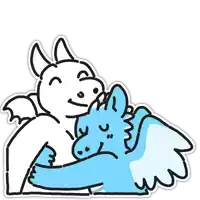 a cartoon drawing of a devil and a blue dragon hugging each other