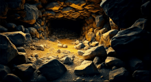 a cave filled with lots of rocks and a yellow light