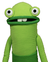 a green stuffed frog with big eyes and a big mouth