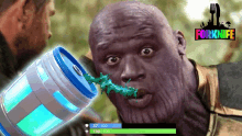 a purple man drinking from a can with the word forknife on the bottom