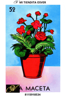 a drawing of flowers in a red pot with the number 52 above it