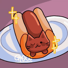 a cartoon drawing of a hot dog with a cat on it and the word chou below it