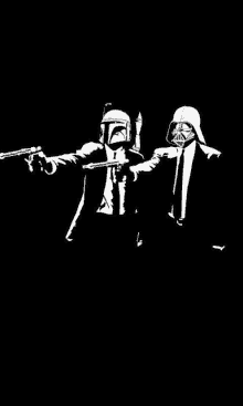 a black and white drawing of boba fett and darth vader holding guns in a pulp fiction style .