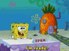 spongebob is standing in front of a sign that says open