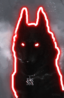 a painting of a black wolf with red eyes and the name mortrud on the bottom right