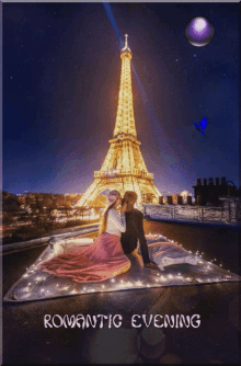 a man and woman are sitting on a blanket in front of the eiffel tower with the words romantic evening below them