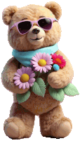 a teddy bear wearing sunglasses and holding flowers