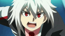 a close up of a boy with white hair and red eyes .