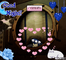 a picture of a cat looking out a window with the words good night written on it