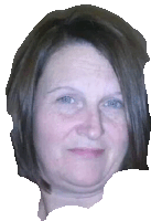 a close up of a woman 's face with a white background behind her