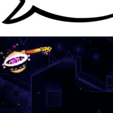 a cartoon character is flying through the air in a video game with a purple and yellow object .