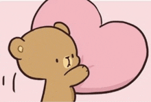 a cartoon teddy bear is holding a pink heart in his hands .