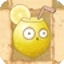 a cartoon lemon with big eyes and a straw in it .