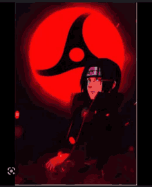 itachi uchiha from naruto is sitting in front of a red circle with his eyes glowing .