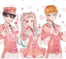 a drawing of three anime characters with hearts on their hands