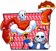 a cartoon illustration of papyrus and sans holding a pizza