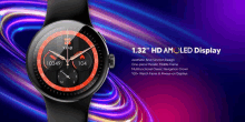 a watch with a 1.32 " hd amoled display on a purple background