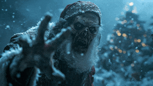 a scary santa claus with a beard is reaching out in the dark