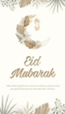 a greeting card for eid mubarak with a crescent moon and palm leaves .