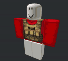 a 3d model of a roblox character wearing a red shirt with the word mod on it