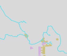 a map of a city with purple and yellow triangles