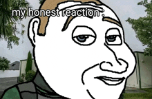 a cartoon of a man with the words " my honest reaction " written on his face