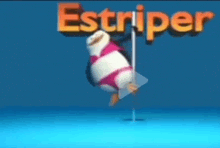 a penguin is doing a pole dance in front of the word estriper