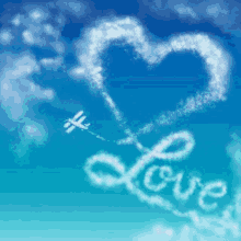 a plane is flying through a heart shaped cloud with the word love written in the clouds